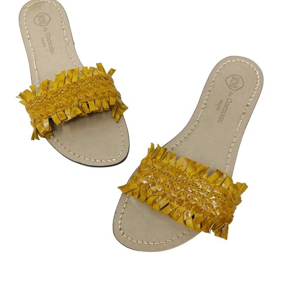 Da Costanzo Capri Womens Size 38 Yellow Fringe Flat Sandals Leather Open Toe - Picture 1 of 10